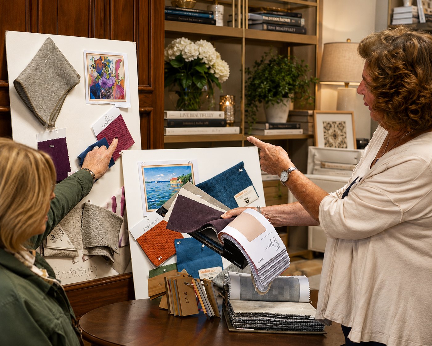 Sandra reviewing fabric swatches and a mood board with a client at The Things I Love — a design consultation in progress