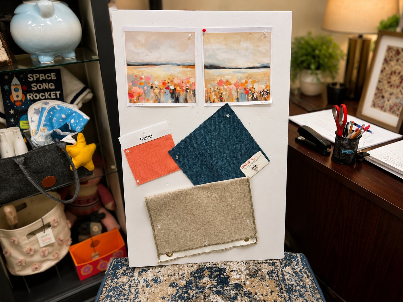 A mood board with floral landscape art and fabric swatches in coral, teal, and beige — design process at The Things I Love