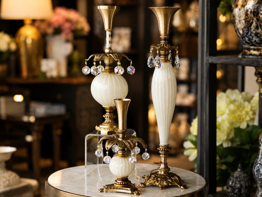 Milk-glass vases with brass and crystal accents on a marble table at The Things I Love
