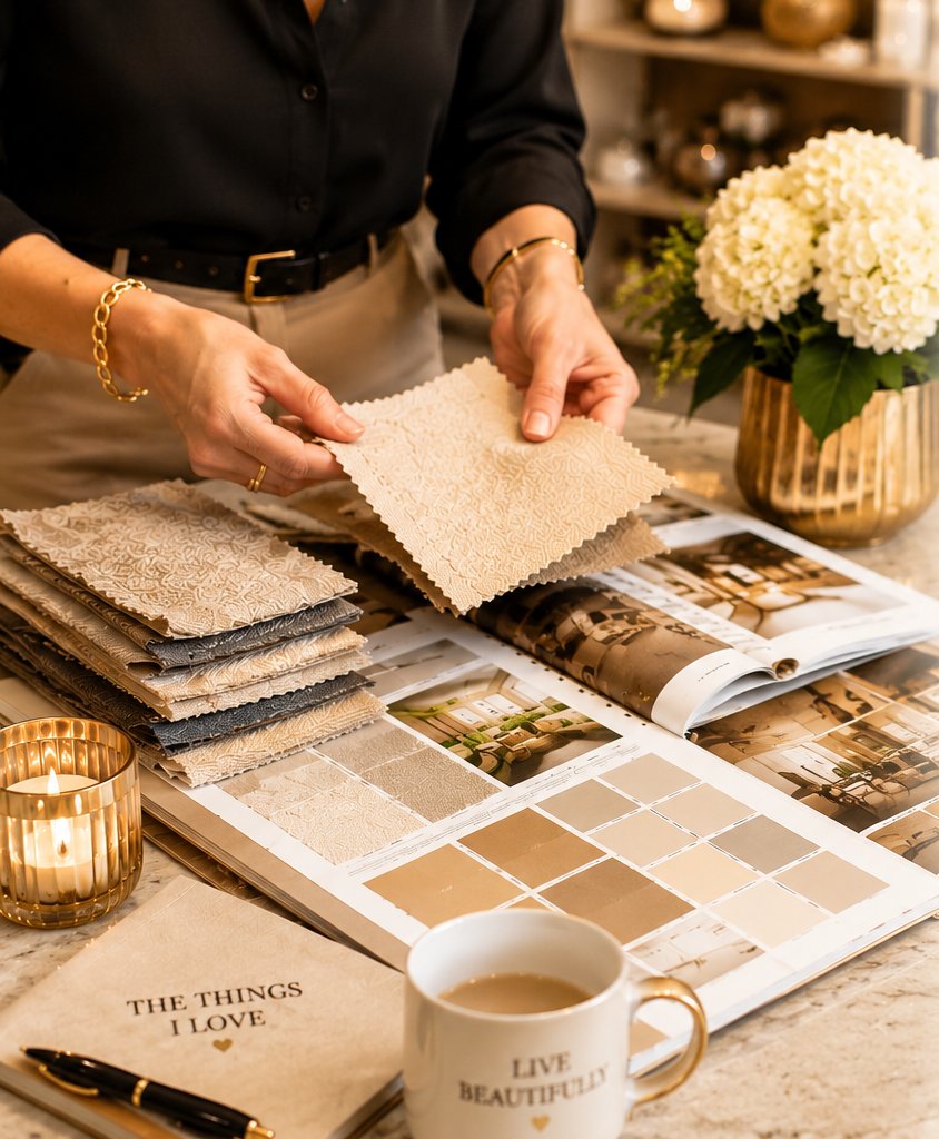 Hands holding fabric swatches over a design book with paint chips, beside a Live Beautifully mug, a Things I Love notebook, and a candle at The Things I Love