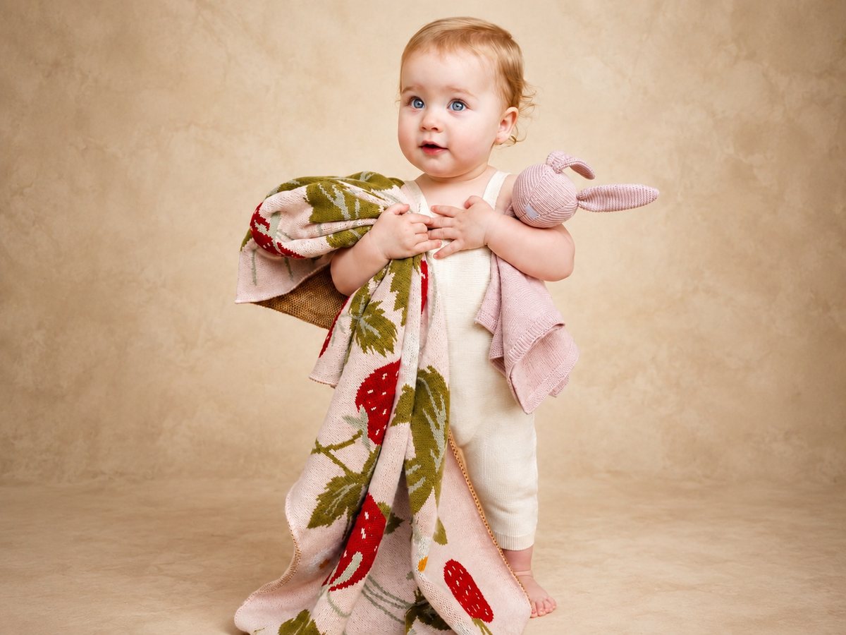 A toddler in a cream romper holding a knit strawberry blanket and pink bunny — keepsakes from The Things I Love
