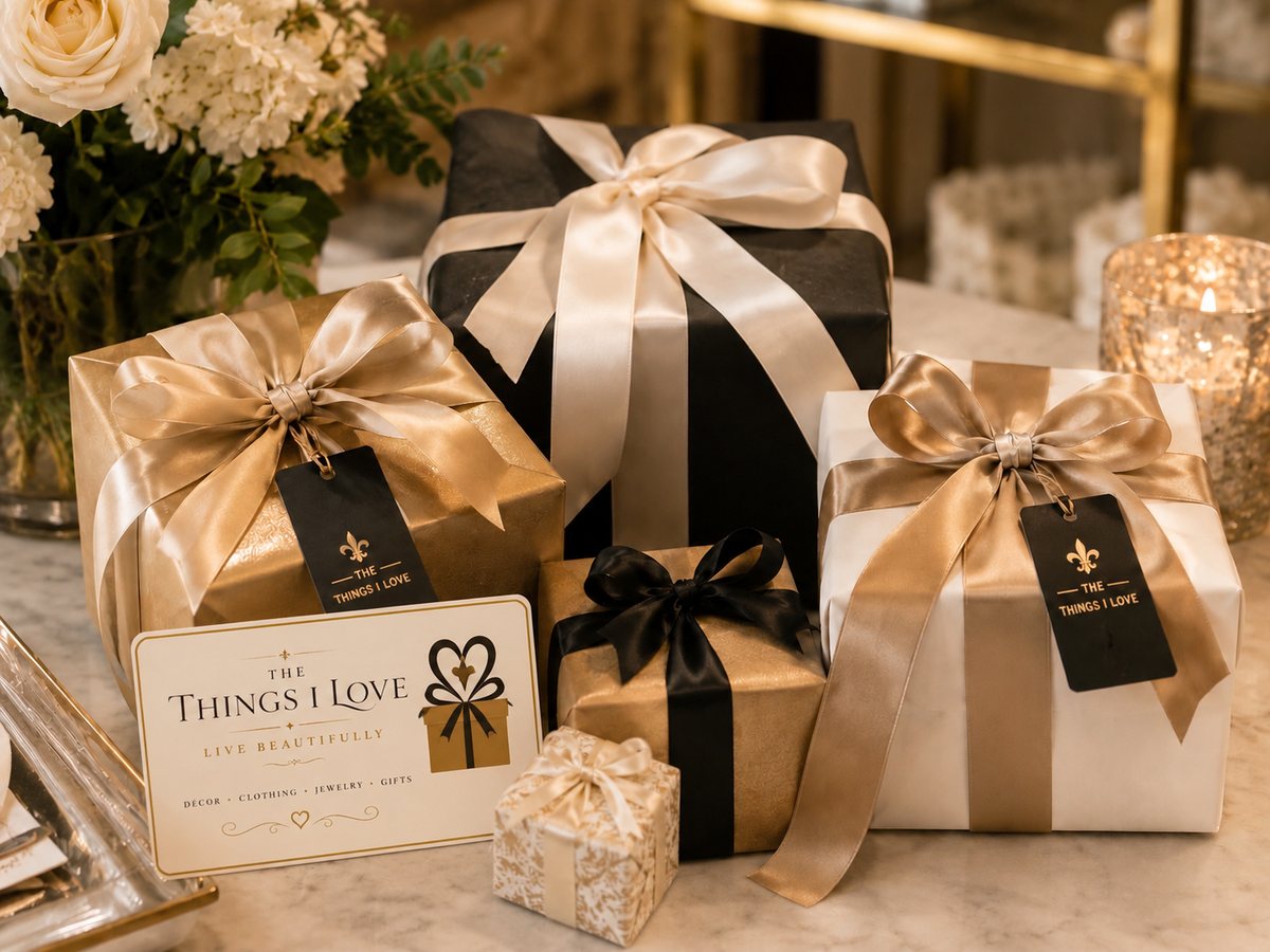 Beautifully wrapped gifts with branded tags at The Things I Love