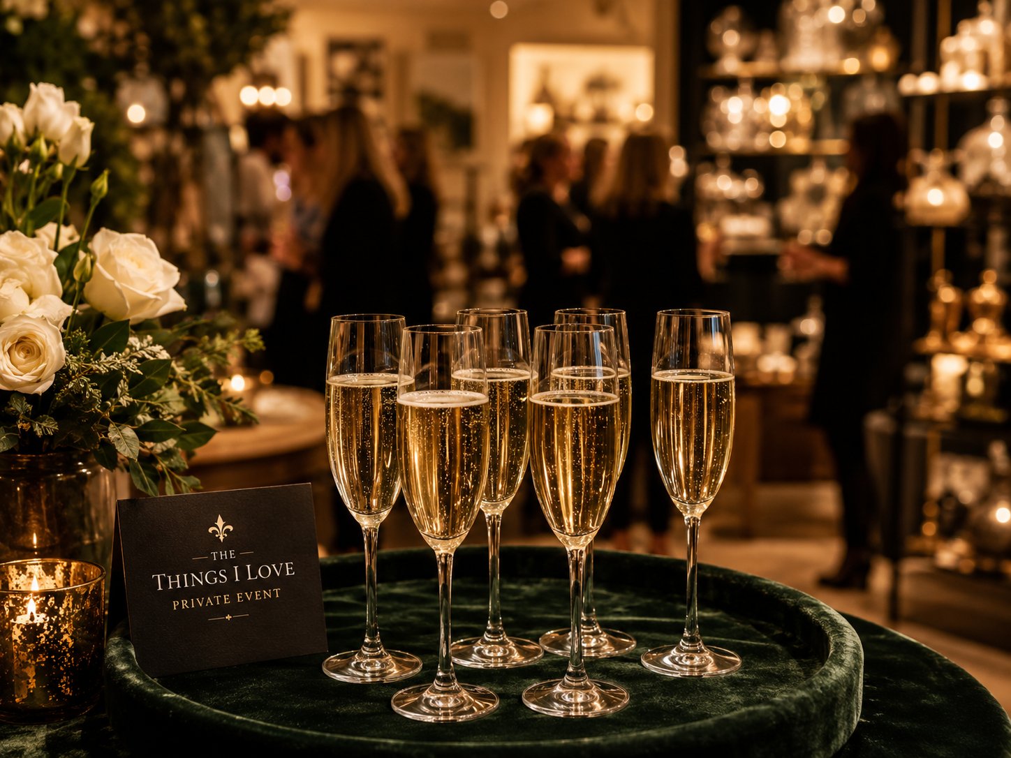 Champagne flutes on green velvet at a private Live Beautifully Society event at The Things I Love boutique