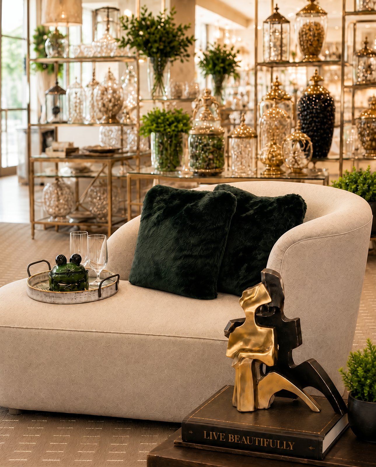 Inside The Things I Love boutique — a cream lounge chair with green velvet pillows, a styled tray, and a brass sculpture on a 'Live Beautifully' book in front of curated shelves.